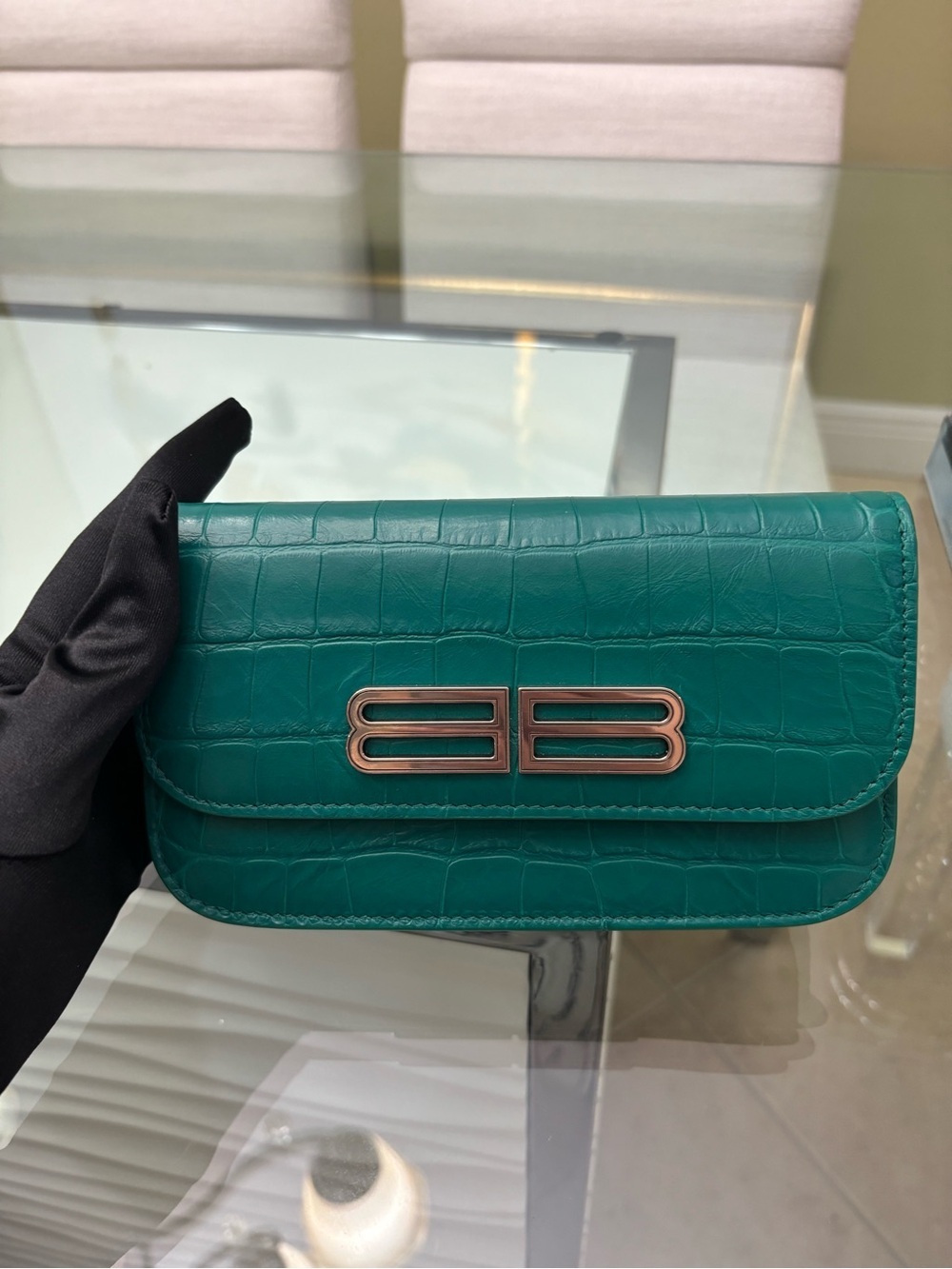 Authentic Balenciaga Gossip Wallet on Chain (WOC) in Jade green